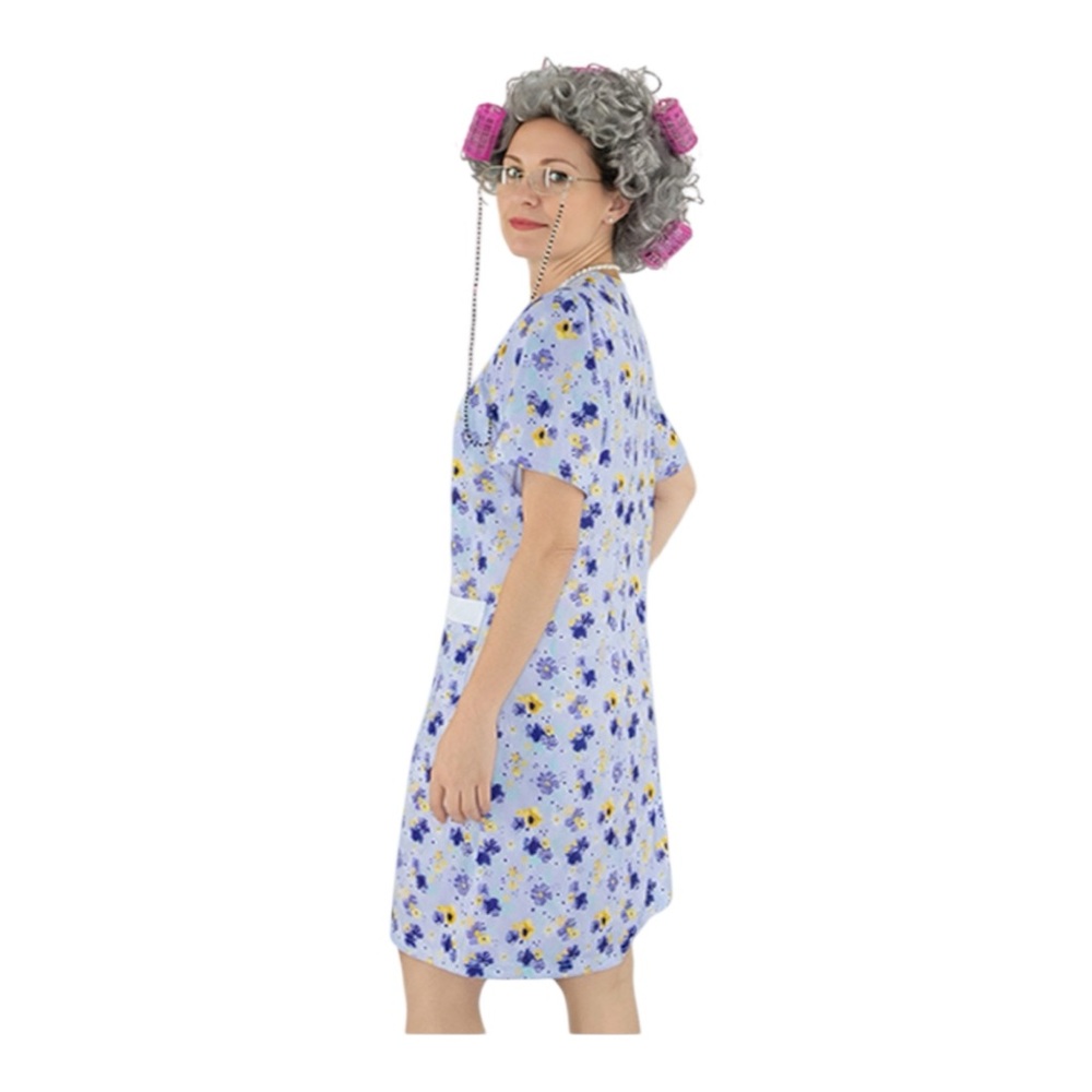 Old Lady Grandma Costume Kit Floral Nightgown Wig Glasses Cane S/M